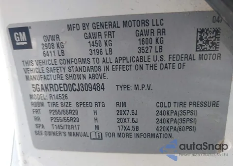 2012 Buick Enclave Premium from USA, damaged, VIN 5GAKRDED0CJ309484